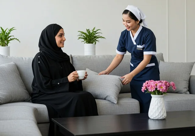 عاملة نظافة ترتدي المئزر، بيدها وسائد الآريكة، المهام والأعمال المنزلية الروتينية، أدوات التنظيف المنزلية، الإهتمام بالأعمال المنزلية، مدبرة منزل، خادمة منزلية أجنبية، سيدة عربية خليجية سعودية عربية تحمل كوب قهوة في غرفة المعيشة