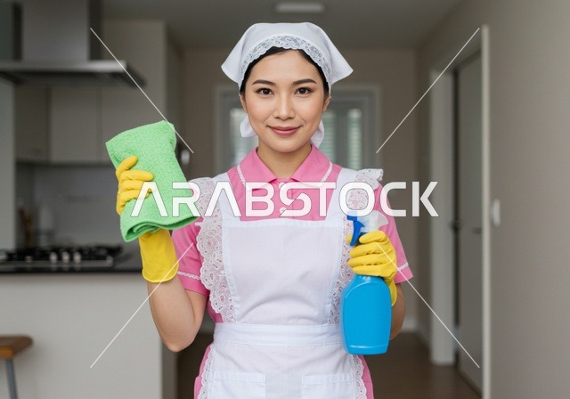 توفير خدمات العناية بالمنزل والنظافة والترتيب، النظر إلى الكاميرا بإيماءات السرور، جودة الخدمات بالسعودية،  خادمة فلبينية ترتدي اليونيفورم الخاص بالعمل باللون الوردي وتحمل بيدها فوطة مسح وبخاخ تنظيف، مهن ووظائف نسائية، استقطاب العاملات الأجنبيات المدربة من الخارج