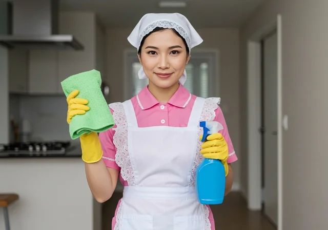 توفير خدمات العناية بالمنزل والنظافة والترتيب، النظر إلى الكاميرا بإيماءات السرور، جودة الخدمات بالسعودية،  خادمة فلبينية ترتدي اليونيفورم الخاص بالعمل باللون الوردي وتحمل بيدها فوطة مسح وبخاخ تنظيف، مهن ووظائف نسائية، استقطاب العاملات الأجنبيات المدربة من الخارج