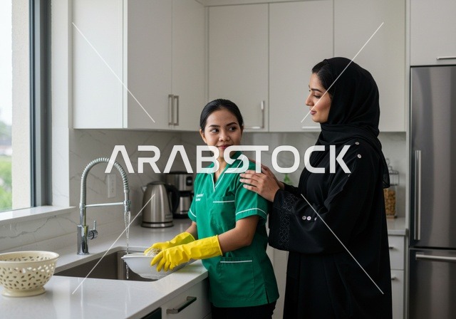 إيماءات الشكر و الرضا عن اداء وجودة عمل الخادمة، تقديم خدمات العناية بالمنزل والنظافة والترتيب، بورتريه لسيدة عربية خليجية سعودية تعطي تعليمات وتوجيهات لعاملة نظافة تغسل الأطباق في مطبخ أبيض، استقدام العمالة الخارجية المرخصة والمؤهلة