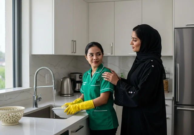إيماءات الشكر و الرضا عن اداء وجودة عمل الخادمة، تقديم خدمات العناية بالمنزل والنظافة والترتيب، بورتريه لسيدة عربية خليجية سعودية تعطي تعليمات وتوجيهات لعاملة نظافة تغسل الأطباق في مطبخ أبيض، استقدام العمالة الخارجية المرخصة والمؤهلة