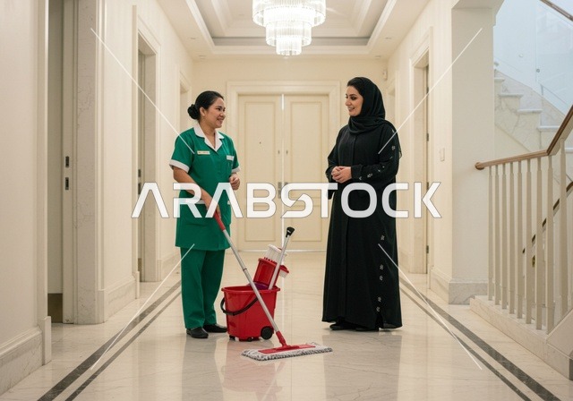تقديم خدمات العناية بالمنزل والنظافة والترتيب، إيماءات الشكر و الرضا عن اداء وجودة عمل الخادمة، بورتريه لسيدة عربية خليجية سعودية تعطي تعليمات وتوجيهات لعاملة نظافة تستخدم الممسحة اليدوية، استقدام العمالة الخارجية المرخصة والمؤهلة
