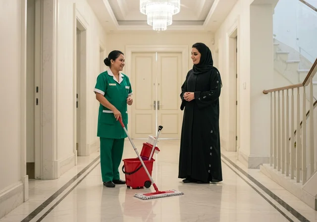 تقديم خدمات العناية بالمنزل والنظافة والترتيب، إيماءات الشكر و الرضا عن اداء وجودة عمل الخادمة، بورتريه لسيدة عربية خليجية سعودية تعطي تعليمات وتوجيهات لعاملة نظافة تستخدم الممسحة اليدوية، استقدام العمالة الخارجية المرخصة والمؤهلة