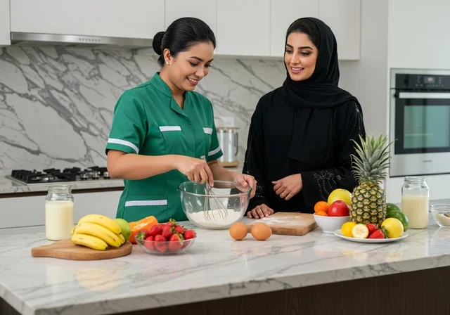 تحضير الحلويات إمرأة مع عالمة أجنبية، توفير خدمات العناية بالمنزل والنظافة والترتيب، جودة الخدمات بالسعودية،  خادمة فلبينية ترتدي اليونيفورم الخاص بالعمل تقف في مطبخ تتلقى الإرشادات والنصائح ، مهن ووظائف نسائية، استقطاب العاملات الأجنبيات المدربة من الخارج