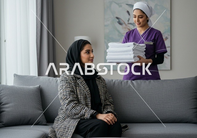 تنظيف وطي وتنظيم الملابس وترتيبها، رضا ربة المنزل عن اداء العاملة، الاستعانة بعاملة أجنبية للقيام بالمهام والأعمال المنزلية الروتينية، ربة منزل عربية خليجية سعودية محجبة تجلس على الأريكة وتعطي التعليمات اللازمة لخادمة تحمل بيدها منشفة نظيفة،