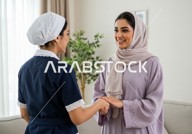 المعاملة الحسنة للخادمات، المهام والأعمال المنزلية الروتينية، عاملة نظافة ترتدي المئزر،رضا ربة المنزل عن اداء العاملة، الإهتمام بالأعمال المنزلية، مدبرة منزل، خادمة منزلية أجنبية، سيدة عربية خليجية سعودية عربية ترتدي الحجاب والعباءة في غرفة المعيشة