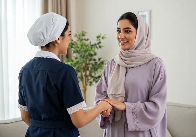 المعاملة الحسنة للخادمات، المهام والأعمال المنزلية الروتينية، عاملة نظافة ترتدي المئزر،رضا ربة المنزل عن اداء العاملة، الإهتمام بالأعمال المنزلية، مدبرة منزل، خادمة منزلية أجنبية، سيدة عربية خليجية سعودية عربية ترتدي الحجاب والعباءة في غرفة المعيشة
