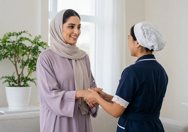 The satisfaction of the housewife with the worker's performance, the good treatment of the maids, the routine household tasks and chores, a cleaner wearing an apron, attention to household work, a housekeeper, a foreign domestic worker, an Arab Gulf Saudi woman wearing a hijab and abaya in the living room.