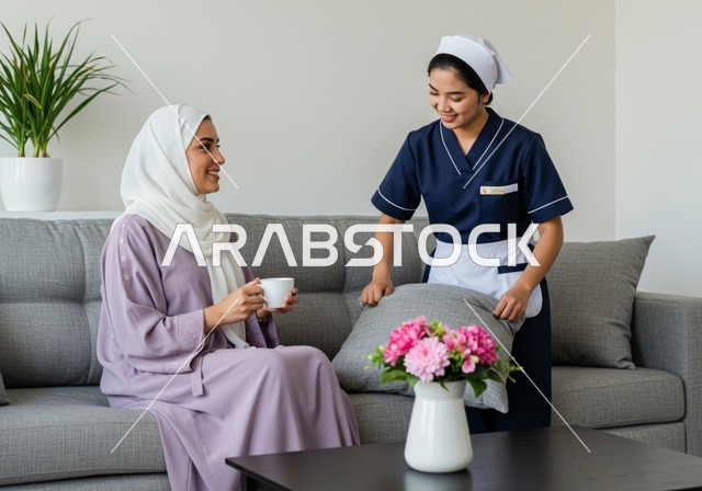 Routine household tasks and chores, a cleaner wearing an apron, holding sofa cushions in her hand, household cleaning tools, attention to household work, a housekeeper, a foreign domestic worker, an Arab Gulf woman, a Saudi Arabian woman wearing a hijab and abaya holding a cup of coffee in the living room.