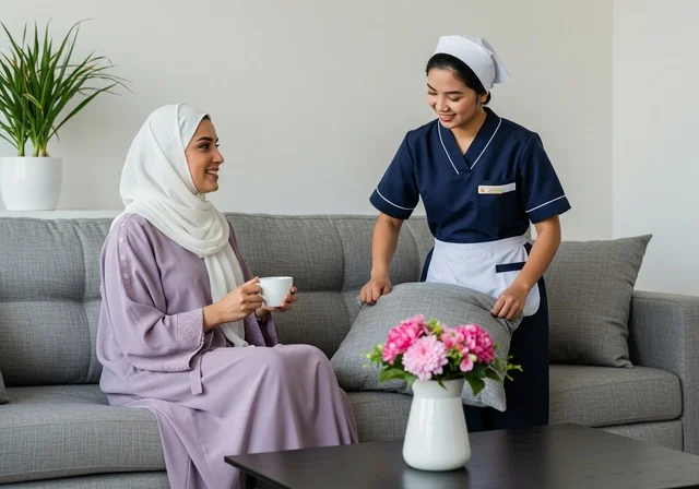 Routine household tasks and chores, a cleaner wearing an apron, holding sofa cushions in her hand, household cleaning tools, attention to household work, a housekeeper, a foreign domestic worker, an Arab Gulf woman, a Saudi Arabian woman wearing a hijab and abaya holding a cup of coffee in the living room.