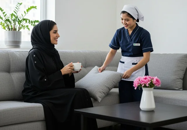 عاملة نظافة ترتدي المئزر، بيدها وسائد الآريكة، المهام والأعمال المنزلية الروتينية، أدوات التنظيف المنزلية، الإهتمام بالأعمال المنزلية، مدبرة منزل، خادمة منزلية أجنبية، سيدة عربية خليجية سعودية عربية تحمل كوب قهوة في غرفة المعيشة
