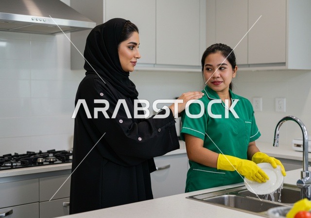 إيماءات الشكر و الرضا عن اداء وجودة عمل الخادمة، تقديم خدمات العناية بالمنزل والنظافة والترتيب، بورتريه لسيدة عربية خليجية سعودية تعطي تعليمات وتوجيهات لعاملة نظافة تغسل الأطباق في مطبخ أبيض، استقدام العمالة الخارجية المرخصة والمؤهلة