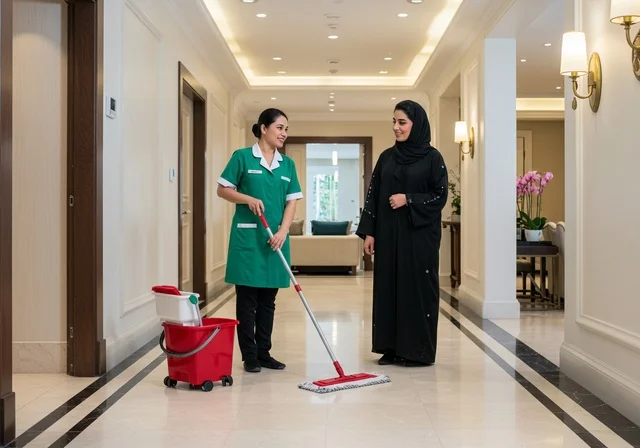 تقديم خدمات العناية بالمنزل والنظافة والترتيب، إيماءات الشكر و الرضا عن اداء وجودة عمل الخادمة، بورتريه لسيدة عربية خليجية سعودية تعطي تعليمات وتوجيهات لعاملة نظافة تستخدم الممسحة اليدوية، استقدام العمالة الخارجية المرخصة والمؤهلة