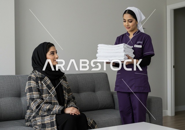 تنظيف وطي وتنظيم الملابس وترتيبها، رضا ربة المنزل عن اداء العاملة، الاستعانة بعاملة أجنبية للقيام بالمهام والأعمال المنزلية الروتينية، ربة منزل عربية خليجية سعودية محجبة تجلس على الأريكة وتعطي التعليمات اللازمة لخادمة تحمل بيدها منشفة نظيفة،