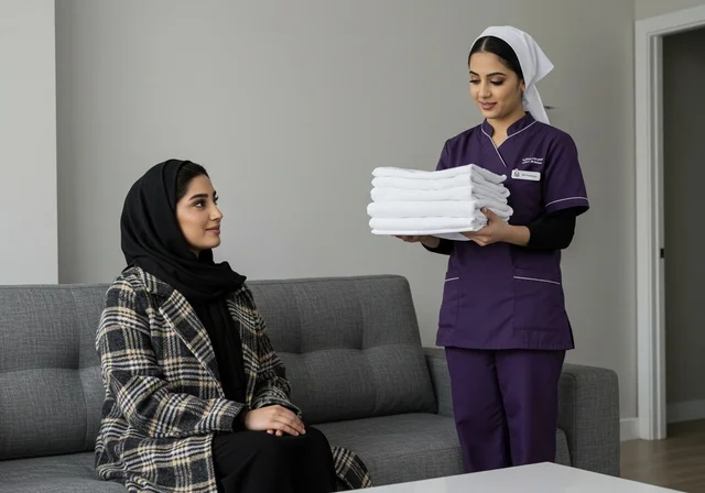 Cleaning, folding, organizing, and arranging clothes, the housewife's satisfaction with the worker's performance, hiring a foreign worker to carry out routine household tasks, an Arab Gulf Saudi housewife wearing a hijab sitting on the couch and giving necessary instructions to a maid holding a clean towel in her hand.