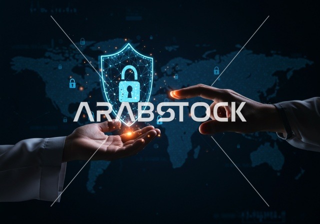 الحفاظ على المعلومات وحمايتها من الهجمات، عناصر ورموز هولوجراميه ثلاثية الابعاد لقفل الأمان، مفهوم الامن السيبراني، خطوط الاتصال والبرمجة الحاسوبية، بورتريه مقرب لرجل عربي خليجي سعودي يرتدي الثوب التقليدي يقوم بعرض عنصر هولوجرامي مضيء شكل درع، خلفية سوداء