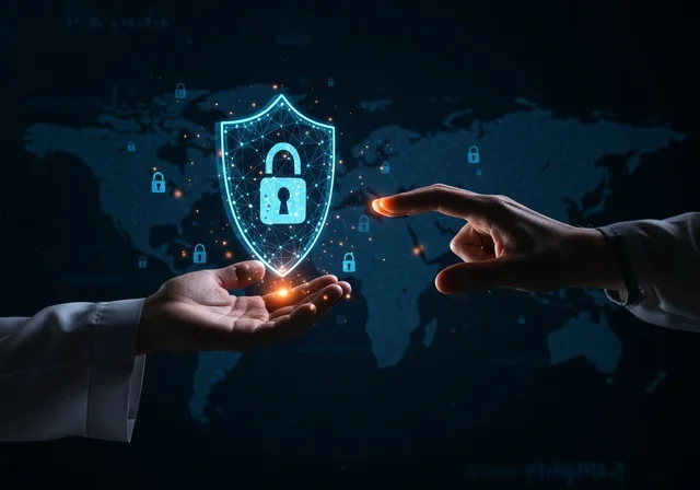 Maintaining and protecting information from attacks, elements and three-dimensional holographic symbols for security locks, the concept of cybersecurity, communication lines and computer programming, a close-up portrait of a Saudi Arabian Gulf man wearing traditional attire displaying a glowing holographic element in the shape of a shield, black background.