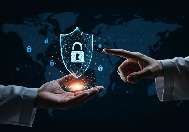 الحفاظ على المعلومات وحمايتها من الهجمات، عناصر ورموز هولوجراميه ثلاثية الابعاد لقفل الأمان، مفهوم الامن السيبراني، خطوط الاتصال والبرمجة الحاسوبية، بورتريه مقرب لرجل عربي خليجي سعودي يرتدي الثوب التقليدي يقوم بعرض عنصر هولوجرامي مضيء شكل درع، خلفية سوداء