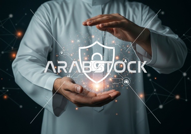 الحفاظ على المعلومات وحمايتها من الهجمات، عناصر ورموز هولوجراميه ثلاثية الابعاد لقفل الأمان، مفهوم الامن السيبراني، خطوط الاتصال والبرمجة الحاسوبية، بورتريه مقرب لرجل عربي خليجي سعودي يرتدي الثوب التقليدي يقوم بعرض عنصر هولوجرامي مضيء شكل درع، خلفية سوداء