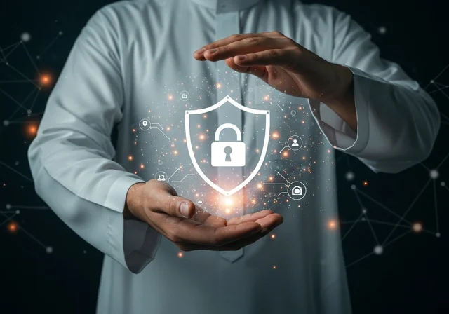 الحفاظ على المعلومات وحمايتها من الهجمات، عناصر ورموز هولوجراميه ثلاثية الابعاد لقفل الأمان، مفهوم الامن السيبراني، خطوط الاتصال والبرمجة الحاسوبية، بورتريه مقرب لرجل عربي خليجي سعودي يرتدي الثوب التقليدي يقوم بعرض عنصر هولوجرامي مضيء شكل درع، خلفية سوداء