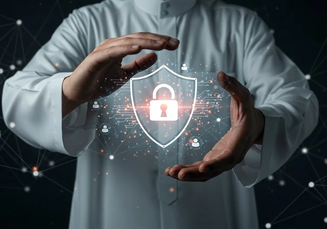 الحفاظ على المعلومات وحمايتها من الهجمات، عناصر ورموز هولوجراميه ثلاثية الابعاد لقفل الأمان، مفهوم الامن السيبراني، خطوط الاتصال والبرمجة الحاسوبية، بورتريه مقرب لرجل عربي خليجي سعودي يرتدي الثوب التقليدي يقوم بعرض عنصر هولوجرامي مضيء شكل درع، خلفية سوداء