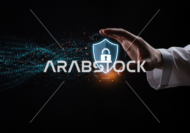 الحفاظ على المعلومات وحمايتها من الهجمات، عناصر ورموز هولوجراميه ثلاثية الابعاد لقفل الأمان، مفهوم الامن السيبراني، خطوط الاتصال والبرمجة الحاسوبية، بورتريه مقرب لرجل عربي خليجي سعودي يرتدي الثوب التقليدي يقوم بعرض عنصر هولوجرامي مضيء شكل درع، خلفية سوداء