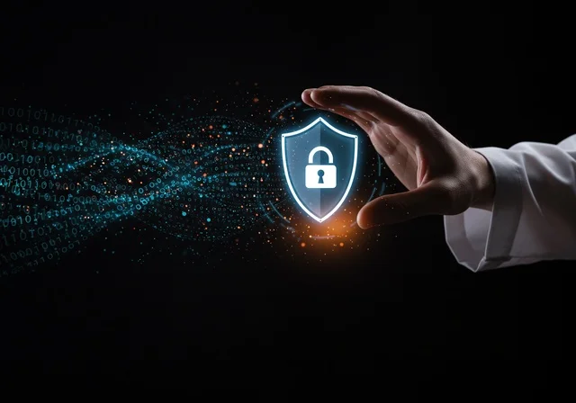 الحفاظ على المعلومات وحمايتها من الهجمات، عناصر ورموز هولوجراميه ثلاثية الابعاد لقفل الأمان، مفهوم الامن السيبراني، خطوط الاتصال والبرمجة الحاسوبية، بورتريه مقرب لرجل عربي خليجي سعودي يرتدي الثوب التقليدي يقوم بعرض عنصر هولوجرامي مضيء شكل درع، خلفية سوداء