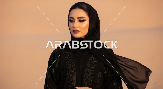 مفهوم الأنوثة والنعومة, ملابس نسائية بتصاميم عصرية، امرأة عربية خليجية سعودية محجبة ترتدي عباءة تقليدية سوداء مطرزة باللون الذهبي تقف وسط الرمال الذهبية الناعمة، إيماءات الثقة بالنفس والبشاشة, الاهتمام بالأناقة والمظهر الخارجي، خلفية الطبيعة