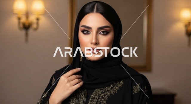 ملابس نسائية بتصاميم عصرية، امرأة عربية خليجية سعودية محجبة ترتدي عباءة تقليدية سوداء مطرزة باللون الذهبي تنظر الى الكاميرا بإيماءات الثقة بالنفس والبشاشة, الاهتمام بالأناقة والمظهر الخارجي، مفهوم الأنوثة والنعومة