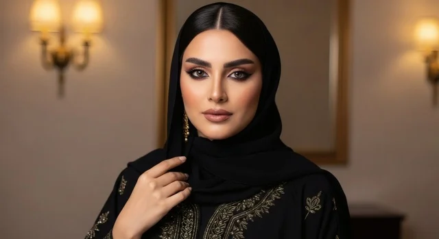 ملابس نسائية بتصاميم عصرية، امرأة عربية خليجية سعودية محجبة ترتدي عباءة تقليدية سوداء مطرزة باللون الذهبي تنظر الى الكاميرا بإيماءات الثقة بالنفس والبشاشة, الاهتمام بالأناقة والمظهر الخارجي، مفهوم الأنوثة والنعومة