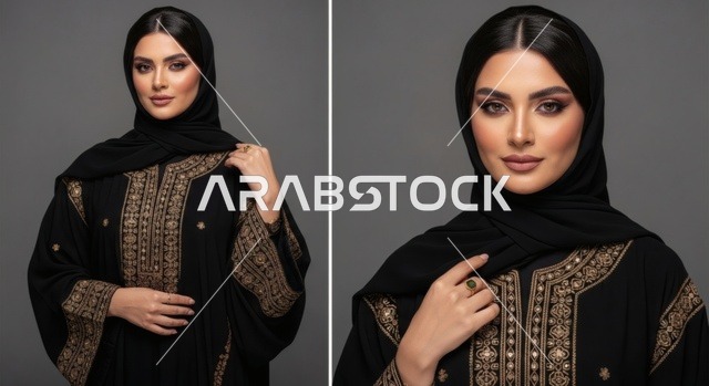Women's clothing with modern designs, a Saudi Arabian Gulf woman wearing a traditional black abaya embroidered in gold, looking at the camera with gestures of self-confidence and cheerfulness, an interest in elegance and appearance, the concept of femininity and softness.