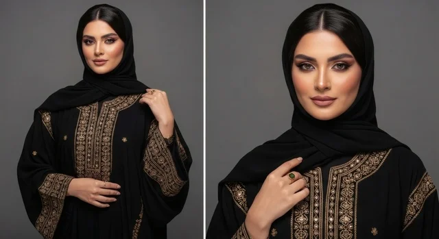 ملابس نسائية بتصاميم عصرية، امرأة عربية خليجية سعودية محجبة ترتدي عباءة تقليدية سوداء مطرزة باللون الذهبي تنظر الى الكاميرا بإيماءات الثقة بالنفس والبشاشة, الاهتمام بالأناقة والمظهر الخارجي، مفهوم الأنوثة والنعومة