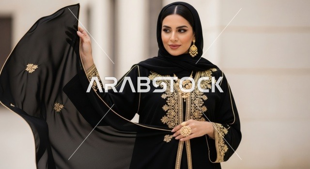ملابس نسائية بتصاميم عصرية، امرأة عربية خليجية سعودية محجبة ترتدي عباءة تقليدية سوداء مطرزة باللون الذهبي تنظر الى الكاميرا بإيماءات الثقة بالنفس والبشاشة, الاهتمام بالأناقة والمظهر الخارجي، مفهوم الأنوثة والنعومة