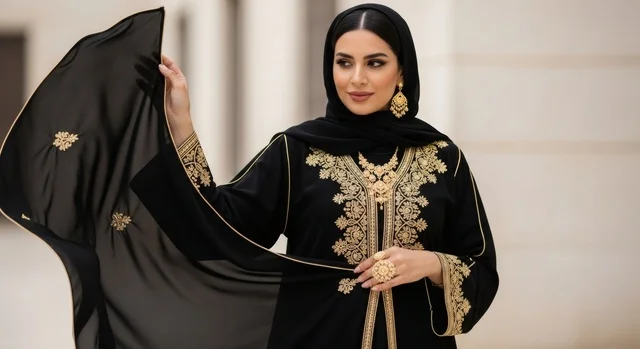 ملابس نسائية بتصاميم عصرية، امرأة عربية خليجية سعودية محجبة ترتدي عباءة تقليدية سوداء مطرزة باللون الذهبي تنظر الى الكاميرا بإيماءات الثقة بالنفس والبشاشة, الاهتمام بالأناقة والمظهر الخارجي، مفهوم الأنوثة والنعومة