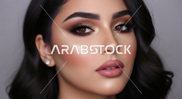 ابراز العيون المكحلة السوداء، إمرأة عربية سعودية خليجيه تنظر الى الكاميرا بتعابير الثقة بالنفس والحدة، نظرات الأنوثه الناعمه، استخدام مستحضرات التجميل والمكياج