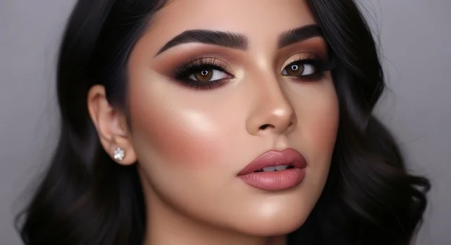 ابراز العيون المكحلة السوداء، إمرأة عربية سعودية خليجيه تنظر الى الكاميرا بتعابير الثقة بالنفس والحدة، نظرات الأنوثه الناعمه، استخدام مستحضرات التجميل والمكياج