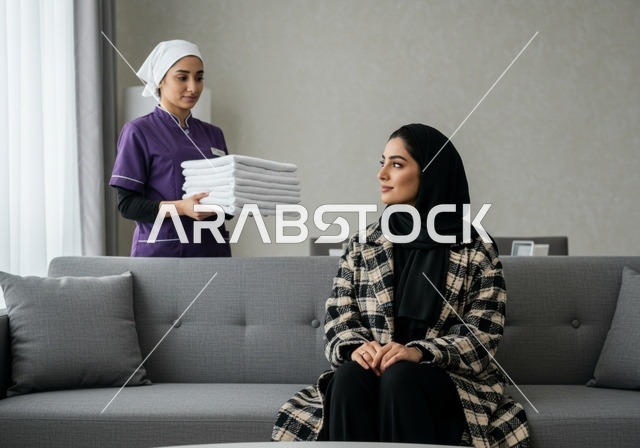 تنظيف وطي وتنظيم الملابس وترتيبها، رضا ربة المنزل عن اداء العاملة، الاستعانة بعاملة أجنبية للقيام بالمهام والأعمال المنزلية الروتينية، سيدة عربية خليجية سعودية محجبة تجلس على الأريكة وتعطي التعليمات اللازمة لخادمة تحمل بيدها منشفة نظيفة،