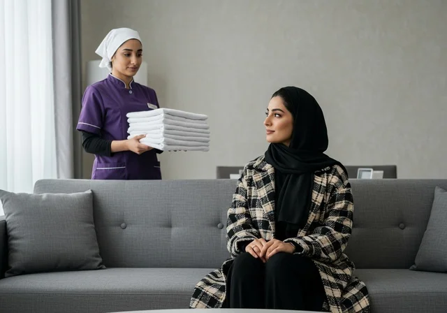 تنظيف وطي وتنظيم الملابس وترتيبها، رضا ربة المنزل عن اداء العاملة، الاستعانة بعاملة أجنبية للقيام بالمهام والأعمال المنزلية الروتينية، سيدة عربية خليجية سعودية محجبة تجلس على الأريكة وتعطي التعليمات اللازمة لخادمة تحمل بيدها منشفة نظيفة،