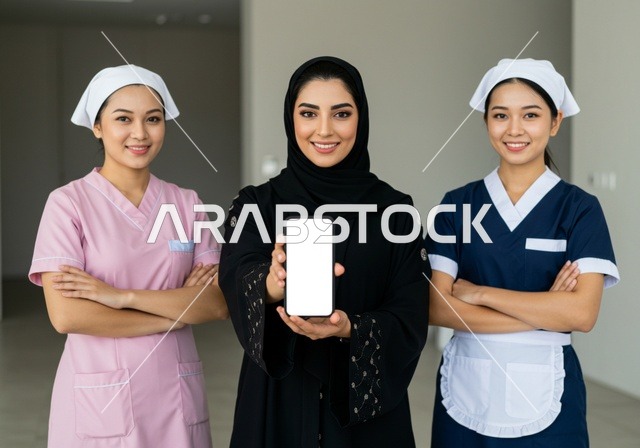 A white background displayed on a mobile phone, recruiting qualified and licensed domestic workers from abroad, a smiling veiled Arab Gulf Saudi woman standing at home with cleaning workers showing gestures of satisfaction with the quality of services, wearing the special uniform, standing confidently and looking at the camera.