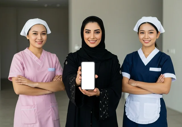 A white background displayed on a mobile phone, recruiting qualified and licensed domestic workers from abroad, a smiling veiled Arab Gulf Saudi woman standing at home with cleaning workers showing gestures of satisfaction with the quality of services, wearing the special uniform, standing confidently and looking at the camera.