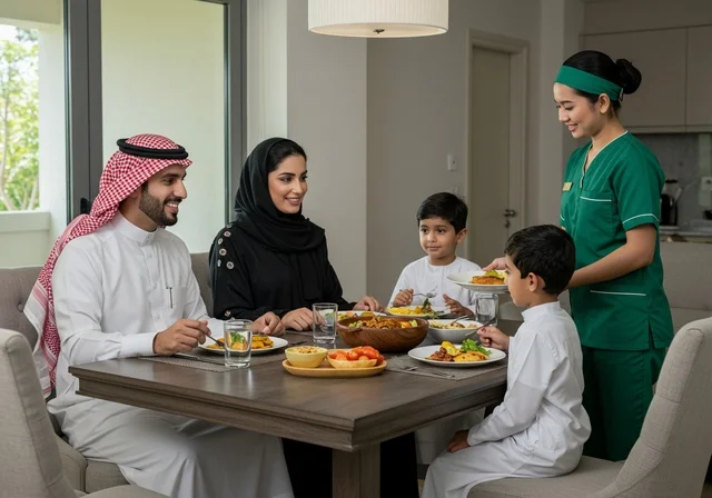 وقت عائلي في فترة الغداء, طاولة مليئة بأصناف المأكولات المنوعة, أسرة عربية خليجية سعودية تجلس على سفرة الطعام , عاملة فلبينية تقدم أطباق الأطعمة، استقدام العماله من الخارج، استئجار العماله المنزليه المرخصه والمؤهله