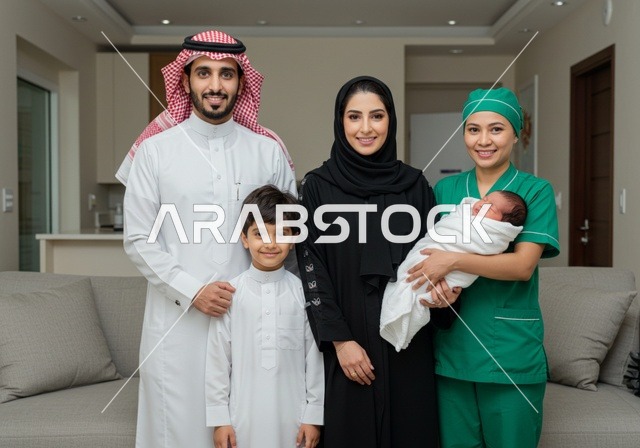 أجواء عائلية سعيدة مليئة بالتقدير والاحترام، عاملة فلبينية ترتدي اليونيفورم الخاص بالعمل تحمل بيدها طفل رضيع، الإحسان في التعامل مع الخادمات في البيوت في السعودية، مهن ووظائف نسائية، استقدام العمالة الخارجية المرخصة والمؤهلة