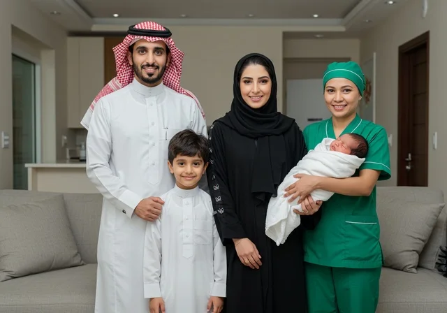 Happy family atmosphere filled with appreciation and respect, a Filipino worker wearing her work uniform holding a baby in her arms, kindness in dealing with domestic workers in homes in Saudi Arabia, women's professions and jobs, recruitment of licensed and qualified foreign labor.