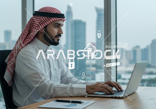 مفهوم الامن السيبراني والحفاظ على المعلومات، صورة مقربة لرجل عربي يعمل على جهاز اللابتوب المحمول، ايقونات هولوجراميه ثلاثية الابعاد، الخوارزميات والرموز المضيئة للتقنيه والتكنولوجيا الحديثه، خطوط الاتصال و البرمجه الحاسوبيه