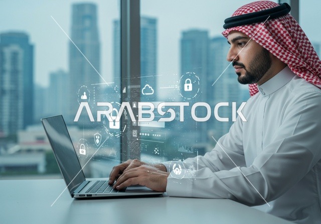 مفهوم الامن السيبراني والحفاظ على المعلومات، صورة مقربة لرجل عربي يعمل على جهاز اللابتوب المحمول، ايقونات هولوجراميه ثلاثية الابعاد، الخوارزميات والرموز المضيئة للتقنيه والتكنولوجيا الحديثه، خطوط الاتصال و البرمجه الحاسوبيه