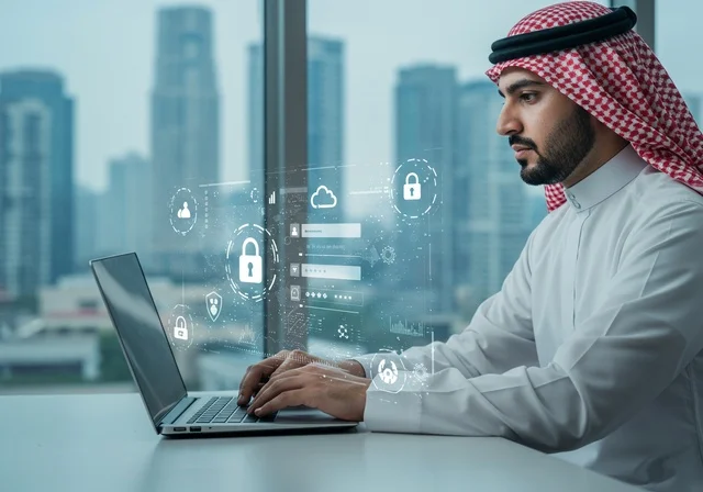 مفهوم الامن السيبراني والحفاظ على المعلومات، صورة مقربة لرجل عربي يعمل على جهاز اللابتوب المحمول، ايقونات هولوجراميه ثلاثية الابعاد، الخوارزميات والرموز المضيئة للتقنيه والتكنولوجيا الحديثه، خطوط الاتصال و البرمجه الحاسوبيه