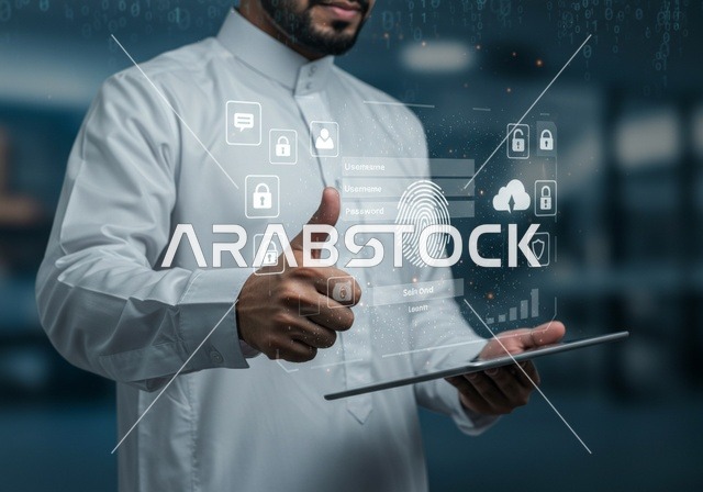 مفهوم الامن السيبراني والحفاظ على المعلومات، صورة مقربة لرجل عربي يعمل على جهاز التابليت المحمول، ايقونات هولوجراميه ثلاثية الابعاد، الخوارزميات والرموز المضيئة للتقنيه والتكنولوجيا الحديثه، خطوط الاتصال و البرمجه الحاسوبيه