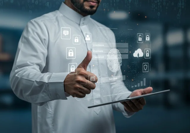 مفهوم الامن السيبراني والحفاظ على المعلومات، صورة مقربة لرجل عربي يعمل على جهاز التابليت المحمول، ايقونات هولوجراميه ثلاثية الابعاد، الخوارزميات والرموز المضيئة للتقنيه والتكنولوجيا الحديثه، خطوط الاتصال و البرمجه الحاسوبيه