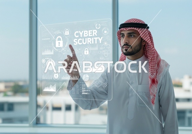 Communication lines and computer programming, preserving information and protecting it from attacks, elements and three-dimensional holographic symbols for security locks, the concept of cybersecurity, an Arab Gulf Saudi man wearing traditional attire touching a glowing holographic element.