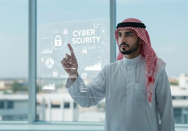 خطوط الاتصال والبرمجة الحاسوبية، الحفاظ على المعلومات وحمايتها من الهجمات، عناصر ورموز هولوجراميه ثلاثية الابعاد لقفل الأمان، مفهوم الامن السيبراني، رجل عربي خليجي سعودي يرتدي الثوب التقليدي يقوم بلمس عنصر هولوجرامي مضيء